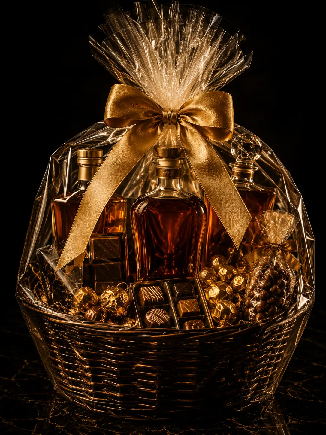 Canasta de regalo personalizada con licores, dulcería y detalles gourmet